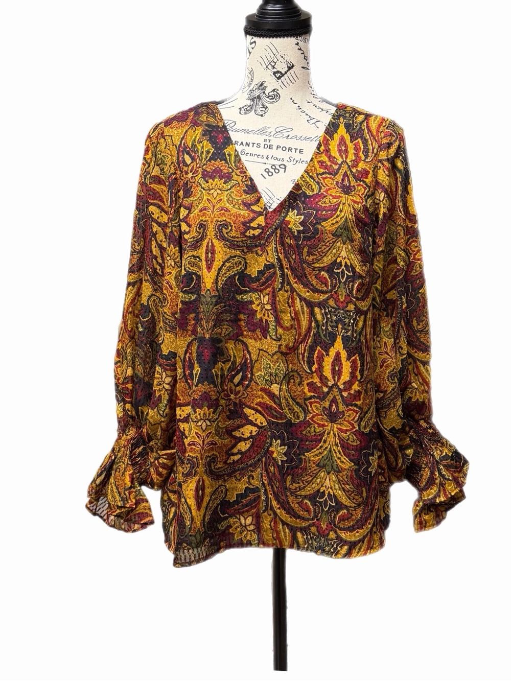Vince Camuto Paisley V-Neck Chiffon Balloon Long Sleeve Ruffle Blouse M